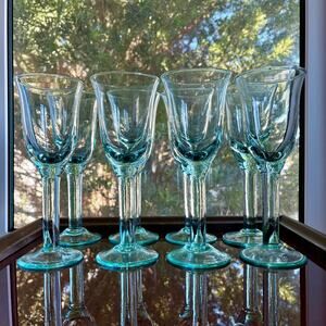 Vintage Set of 8 Aqua Green Tint Hand Blown Wine Glasses Water Goblets